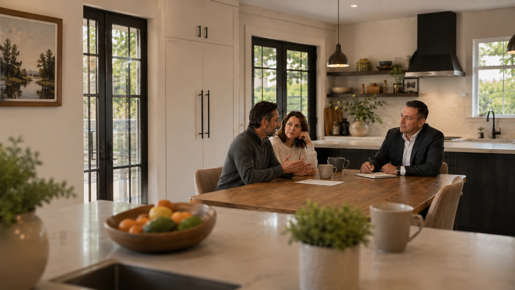Financial advisor listening to a couple during a conversation at their kitchen table.